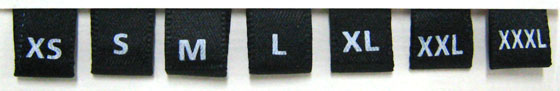 &eacute;tiquettes tailles XS S M L XL XXL XXXL fond noir