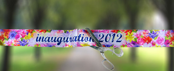 exemple de ruban d'inauguration imprim� en quadrichromie sur satin 100 mm